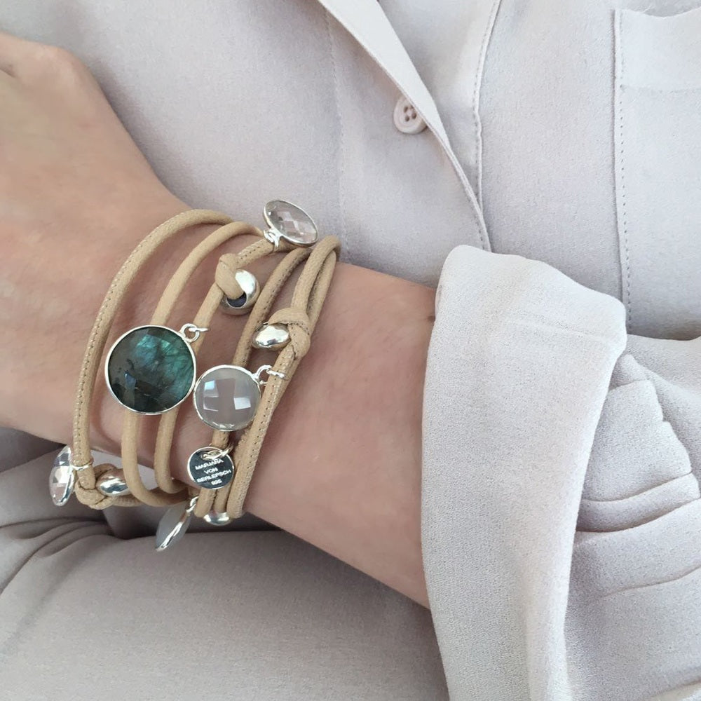 BEVEN LEDERARMBAND NUDE SILBER